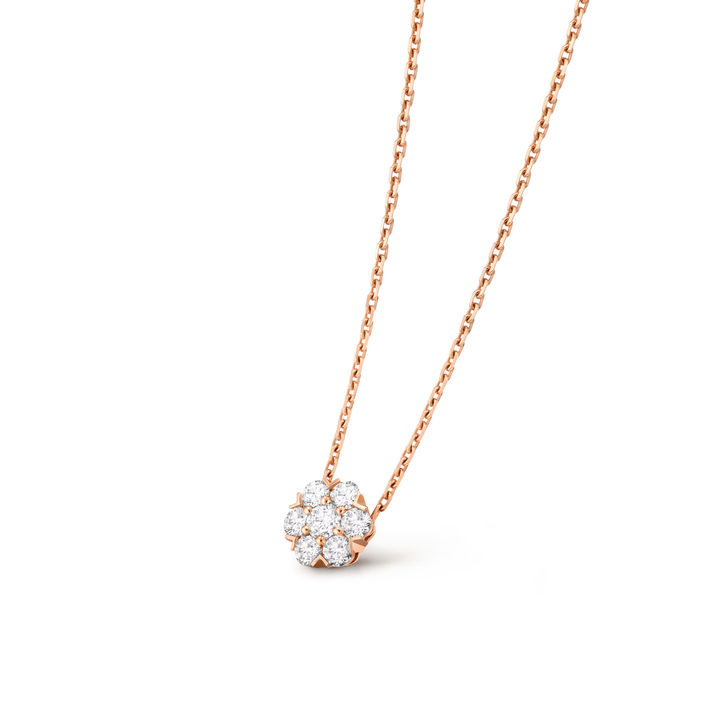 Fleurette pendant, 18K rose gold, round diamonds.