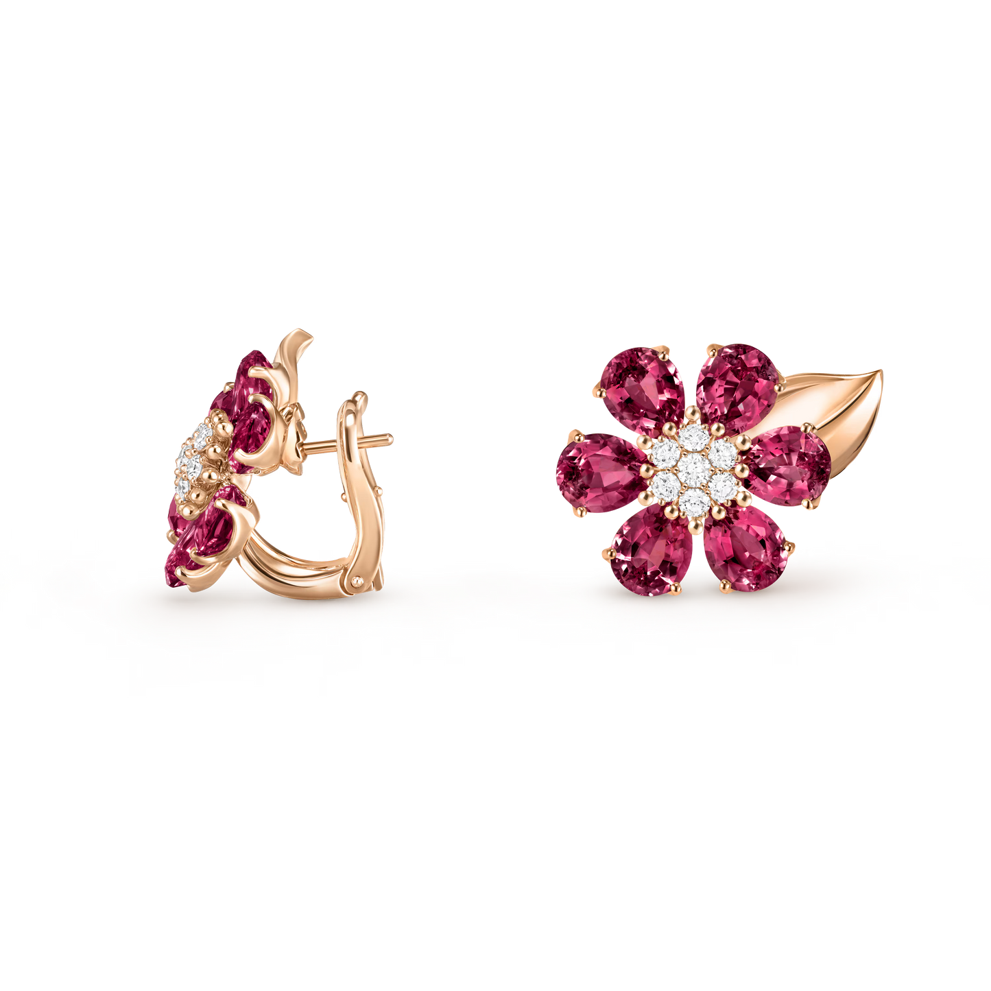 Fleurs d’Hawaï earrings, small model, 18K rose gold, rhodolites, round diamonds.
