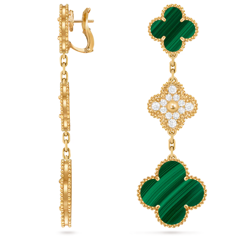 Magic Alhambra earrings, 3 motifs, 18K yellow gold, malachite, round diamonds