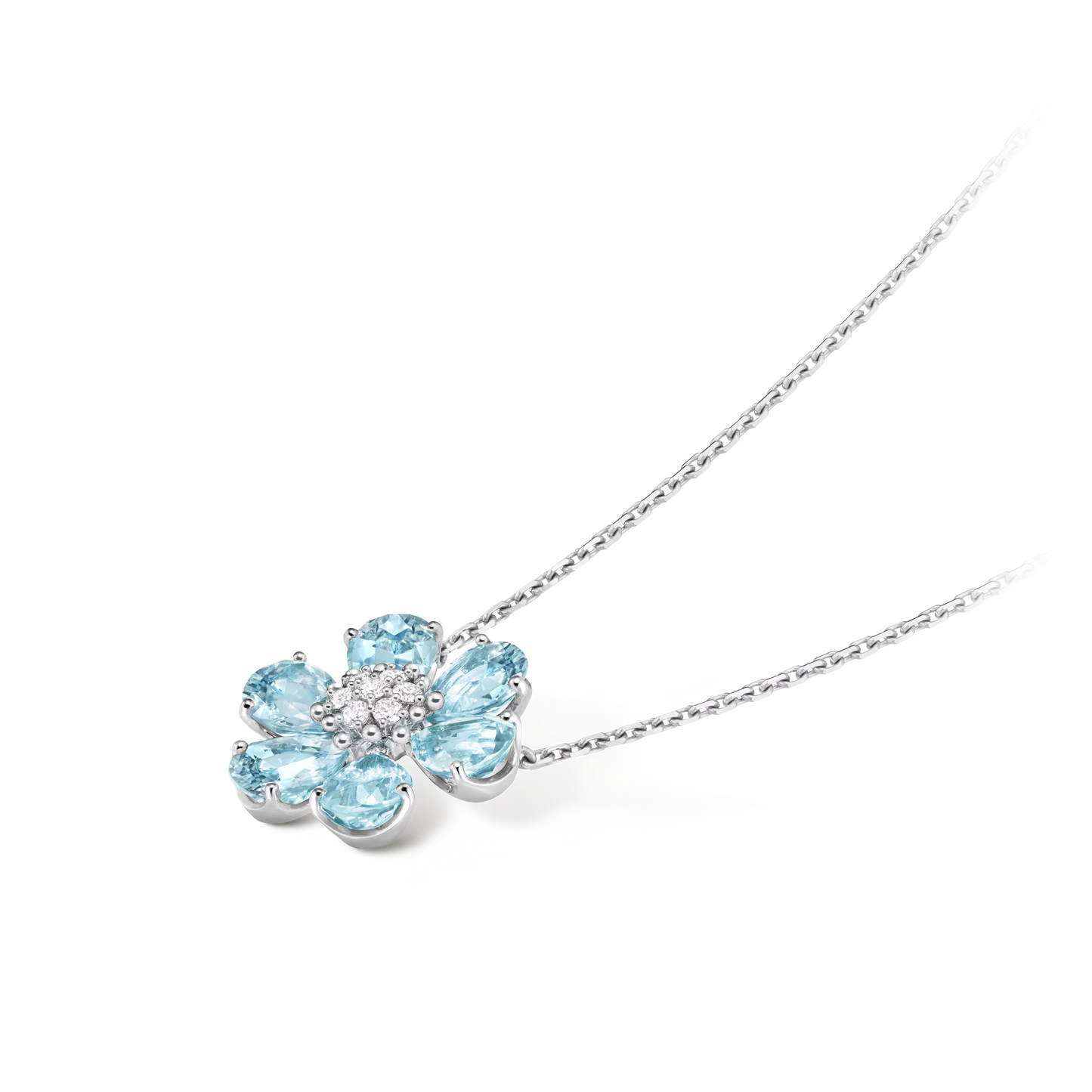 Fleurs d’Hawaï pendant, medium model, 18K white gold, aquamarines, round diamonds.