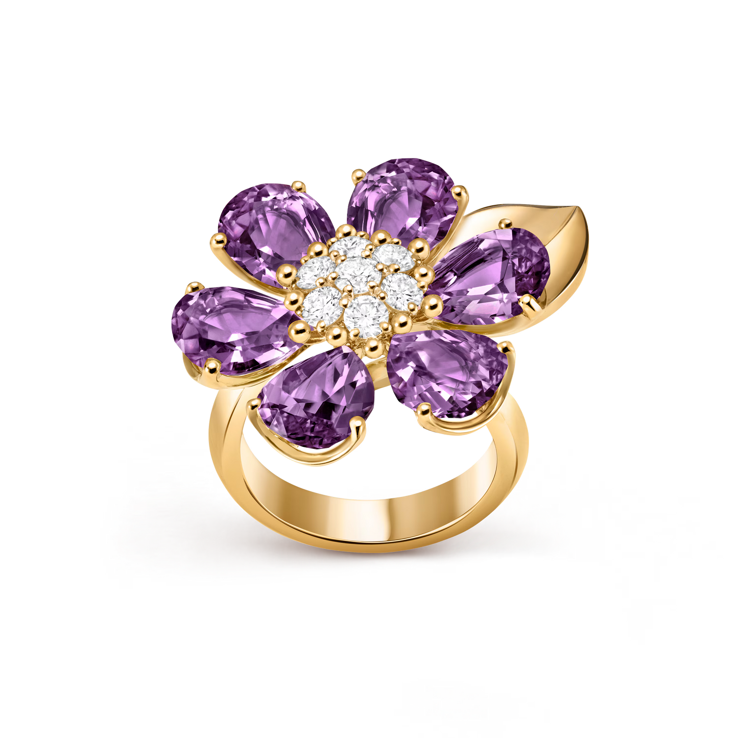 Fleurs d’Hawaï ring, large model, 18K yellow gold, amethysts, round diamonds.