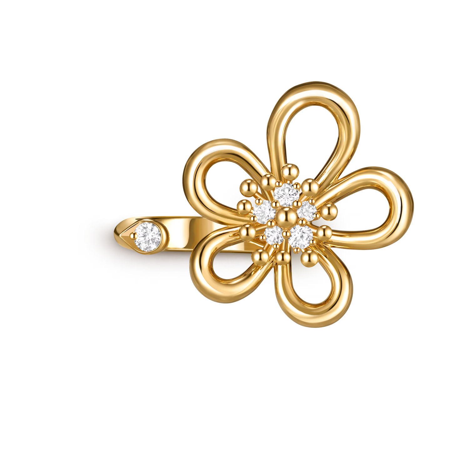 Flowerlace Between the Finger ring, small model, yellow gold, round diamonds