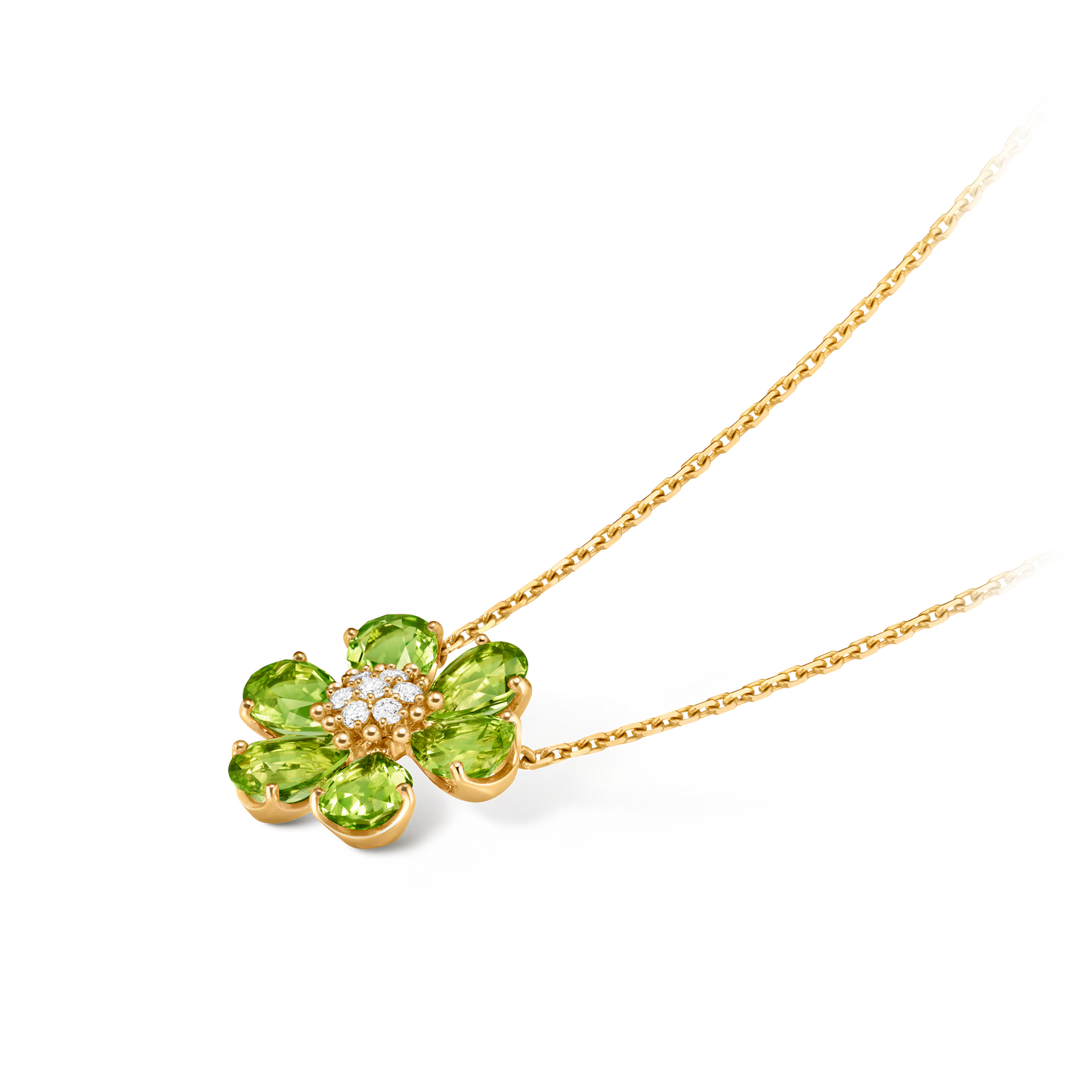 Fleurs d’Hawaï pendant, medium model, 18K yellow gold, peridots, round diamonds.
