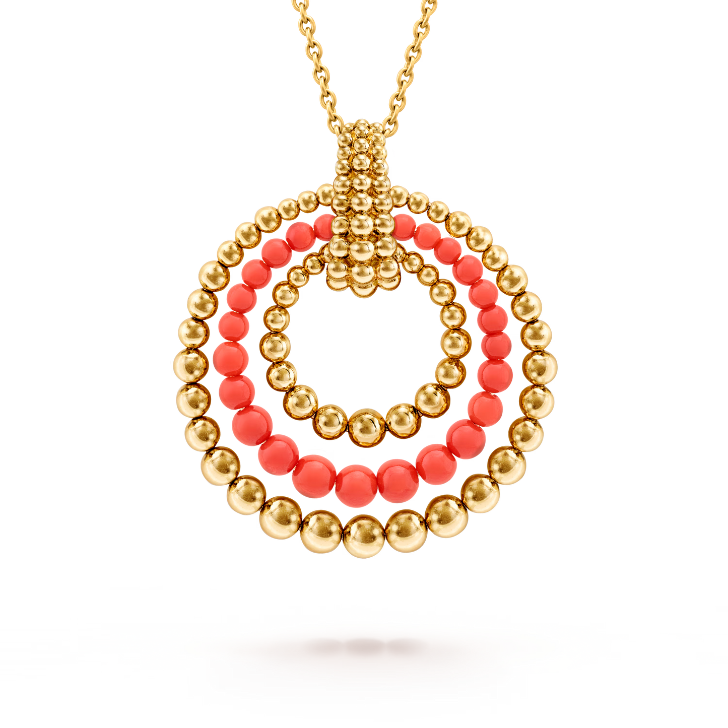 Perlée couleurs transformable long necklace, 18K yellow gold, coral, onyx, turquoise.