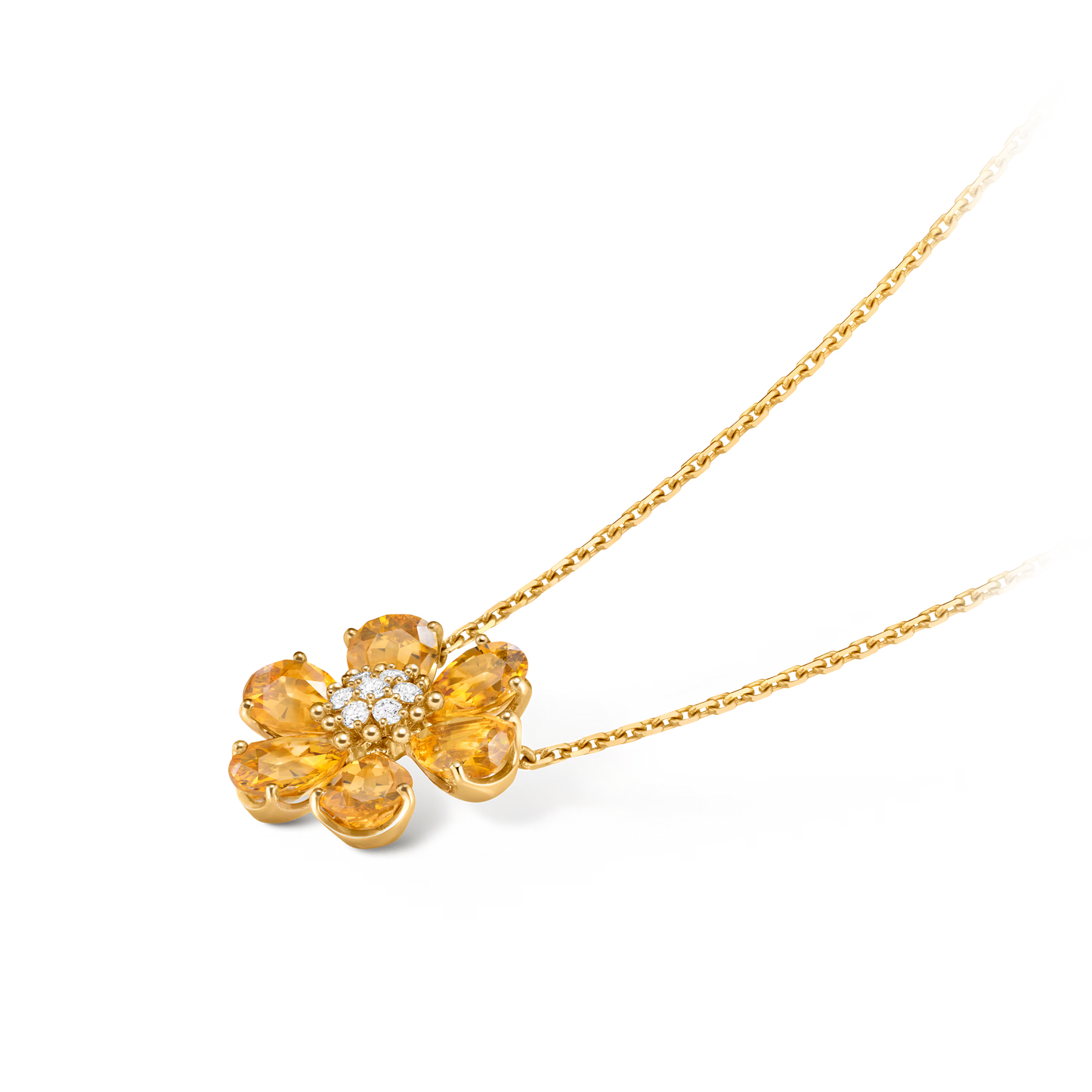 Fleurs d’Hawaï pendant, medium model, 18K yellow gold, citrines, round diamonds.