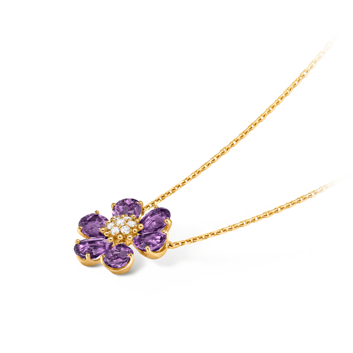 Fleurs d’Hawaï pendant, medium model, 18K yellow gold, amethysts, round diamonds.