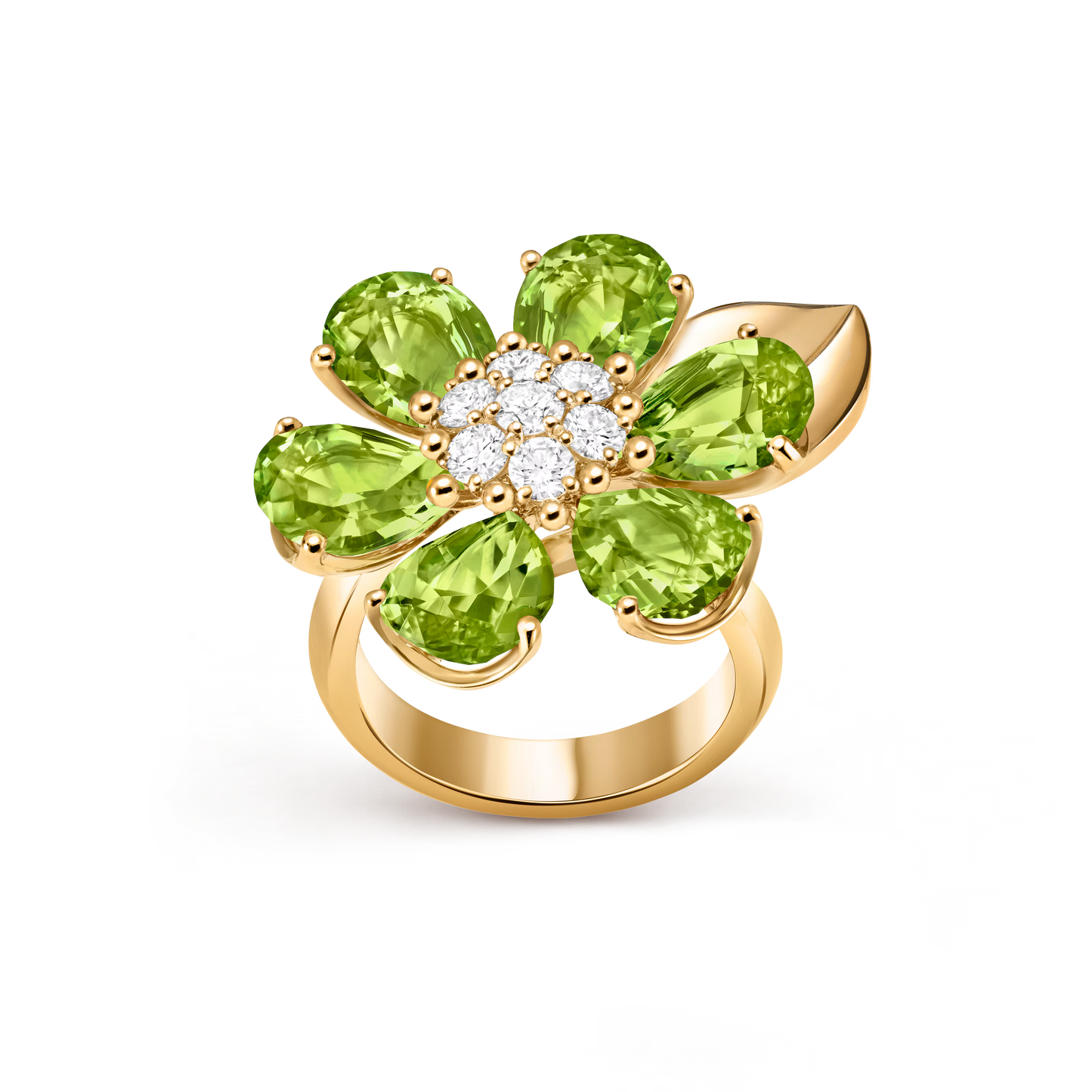 Fleurs d’Hawaï ring, large model, 18K yellow gold, peridots, round diamonds.