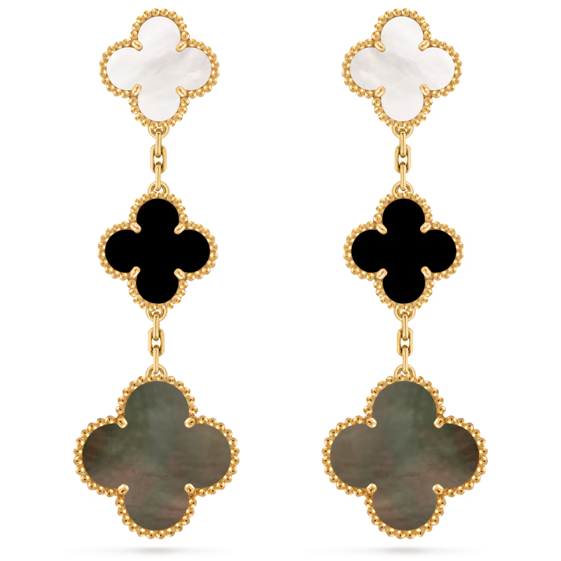 Magic Alhambra earrings, 3 motifs, 18K yellow gold, white and gray mother-of-pearl, onyx.