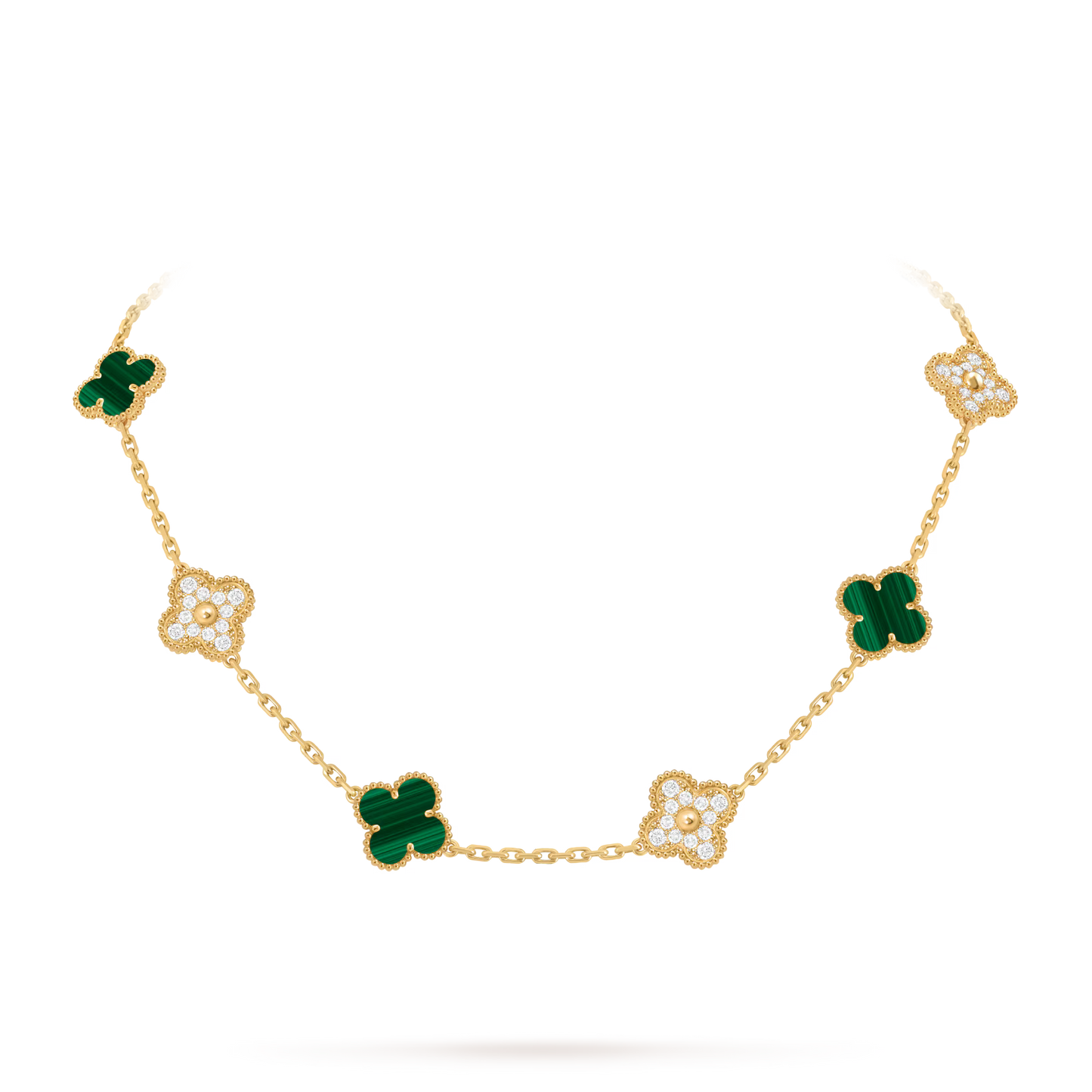 Vintage Alhambra necklace, 10 motifs, 18K yellow gold, malachite, round diamonds
