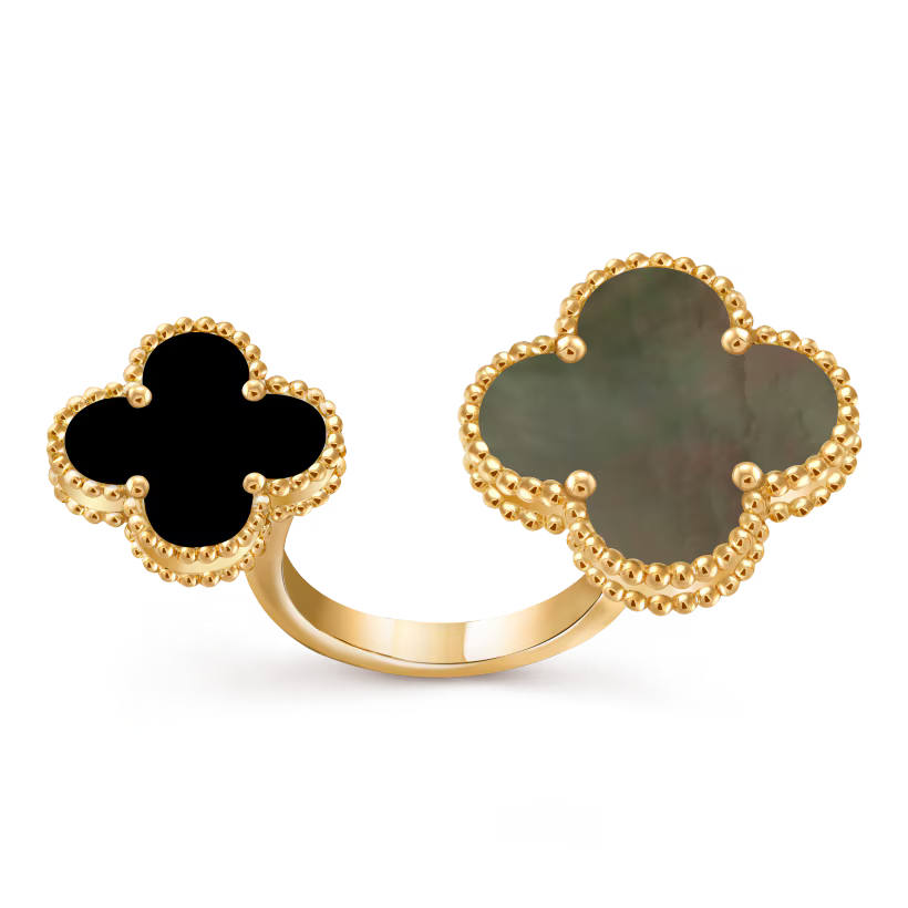 Magic Alhambra Between the Finger ring, 18K yellow gold, gray mother-of-pearl, onyx.