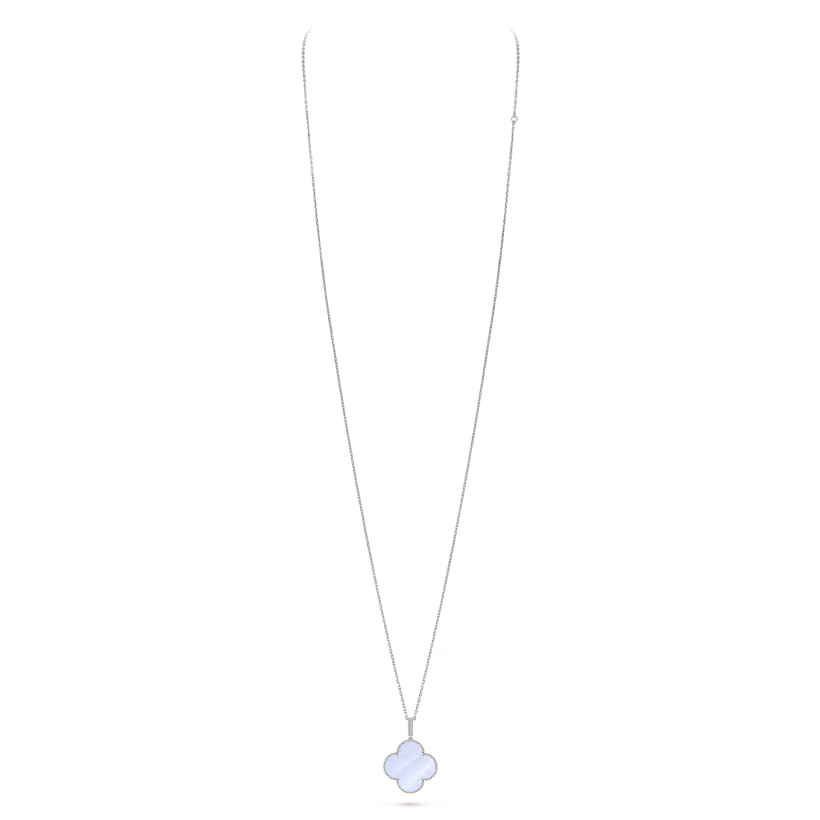 Magic Alhambra long necklace, 1 motif, rhodium plated 18K white gold, chalcedony.