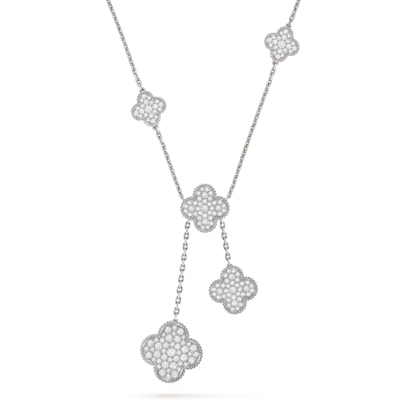 Magic Alhambra necklace, 6 motifs, rhodium plated 18K white gold, round diamonds
