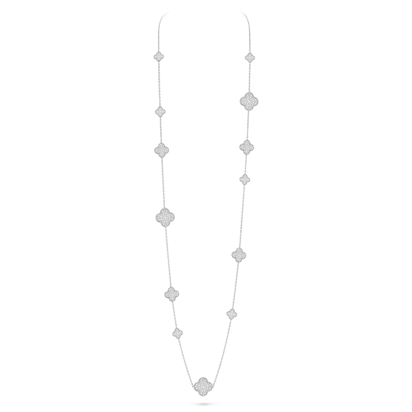 Magic Alhambra long necklace, 16 motifs, rhodium plated 18K white gold, round diamonds