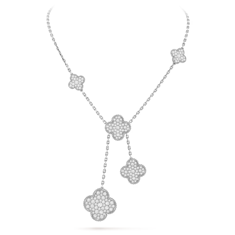 Magic Alhambra necklace, 6 motifs, rhodium plated 18K white gold, round diamonds