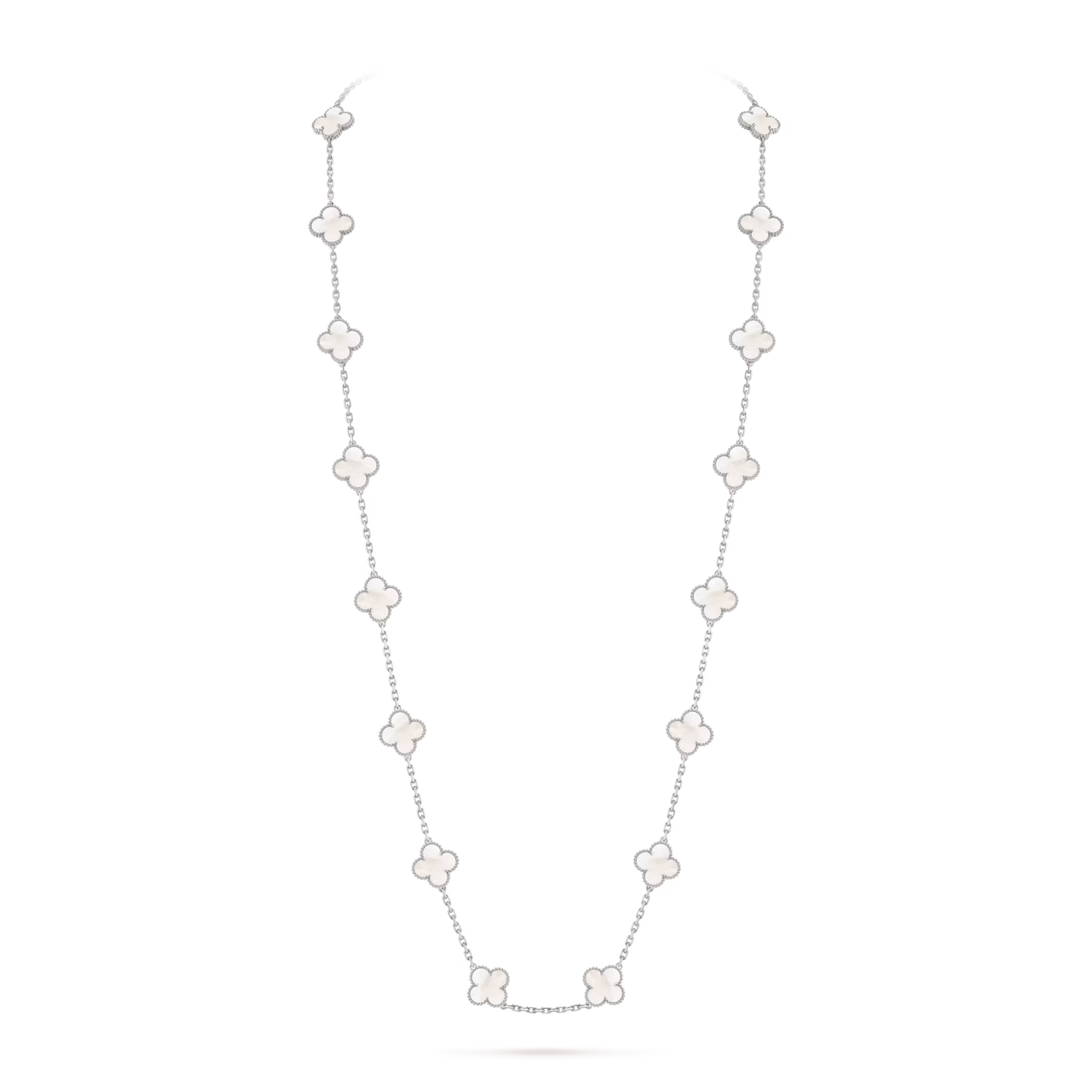Vintage Alhambra long necklace, 20 motifs, rhodium plated 18K white gold, white mother-of-pearl.