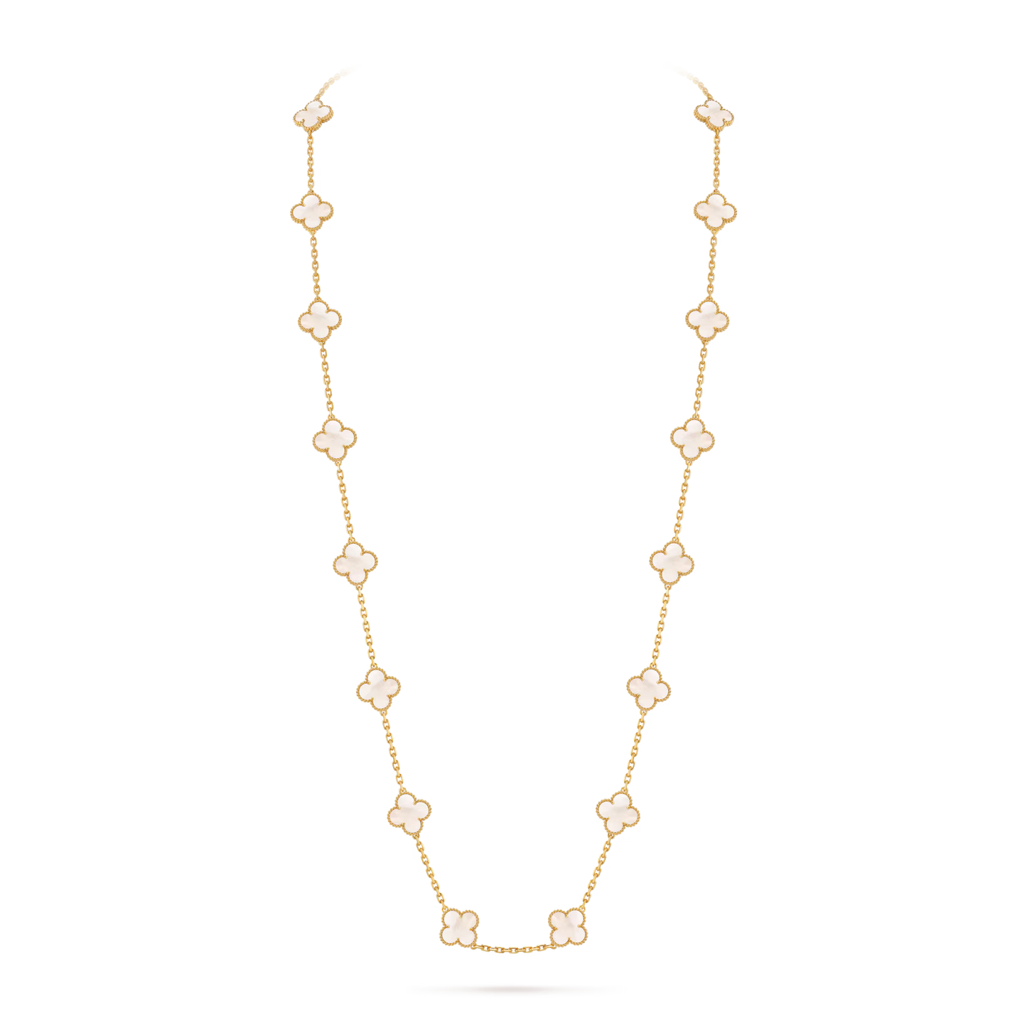 Vintage Alhambra long necklace, 20 motifs, 18K yellow gold, white mother-of-pearl.