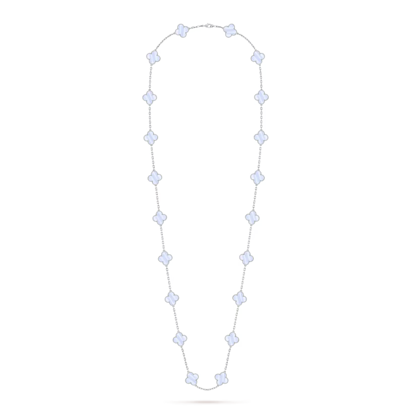 Vintage Alhambra long necklace, 20 motifs, rhodium plated 18K white gold, chalcedony.