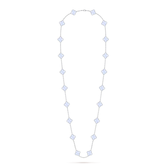 Vintage Alhambra long necklace, 20 motifs, rhodium plated 18K white gold, chalcedony.