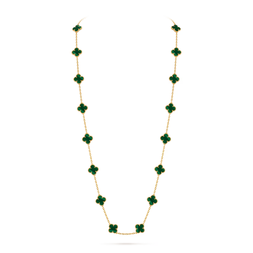 Vintage Alhambra long necklace, 20 motifs, 18K yellow gold, malachite.
