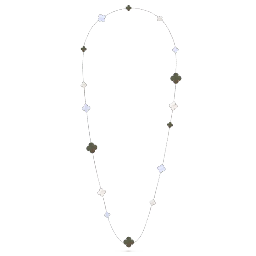 Magic Alhambra long necklace, 16 motifs, rhodium plated 18K white gold, white and gray mother-of-pearl, chalcedony.