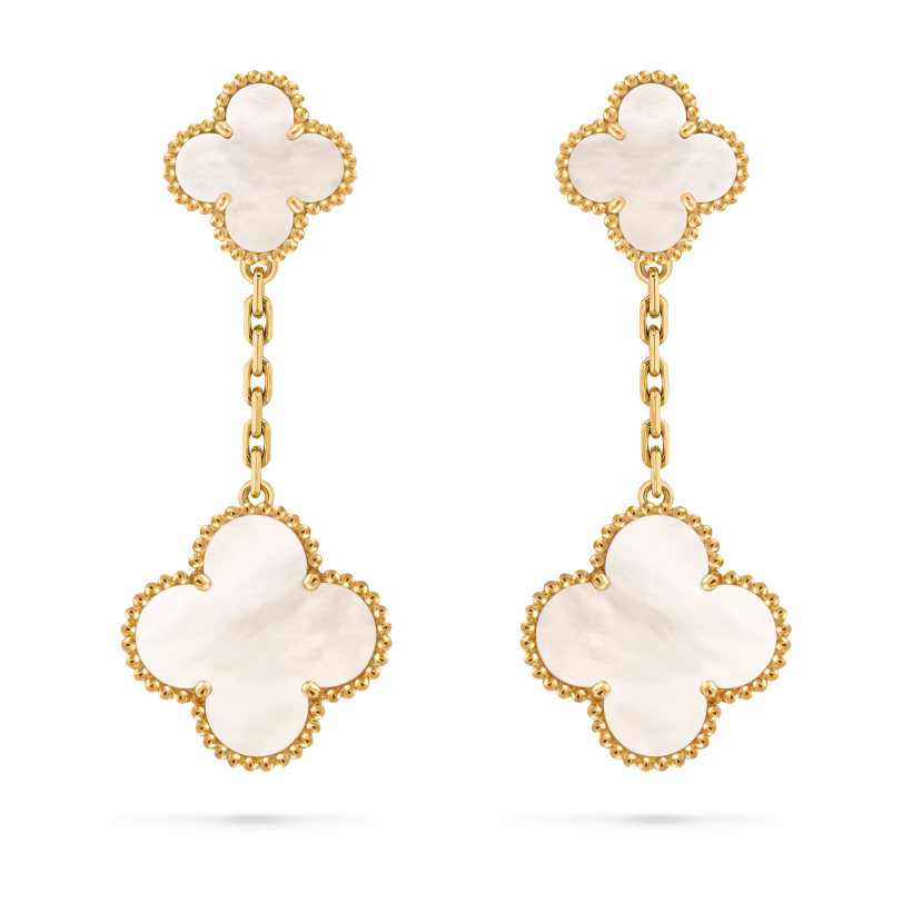 Magic Alhambra earrings, 2 motifs, 18K yellow gold, white mother-of-pearl.