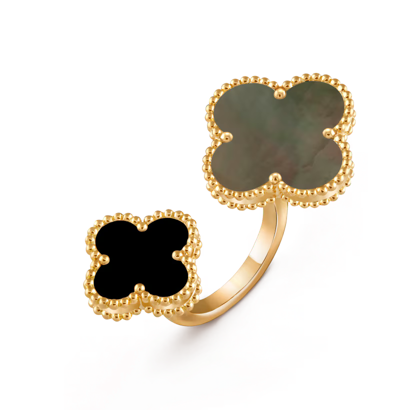 Magic Alhambra Between the Finger ring, 18K yellow gold, gray mother-of-pearl, onyx.