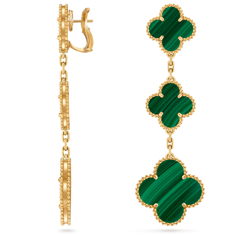 Magic Alhambra earrings, 3 motifs, 18K yellow gold, malachite.