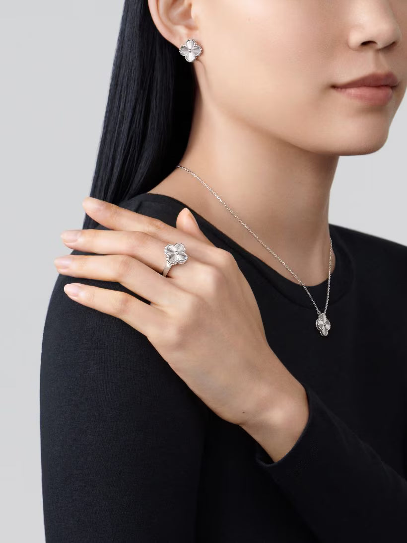 Vintage Alhambra ring, guilloché rhodium plated 18K white gold.