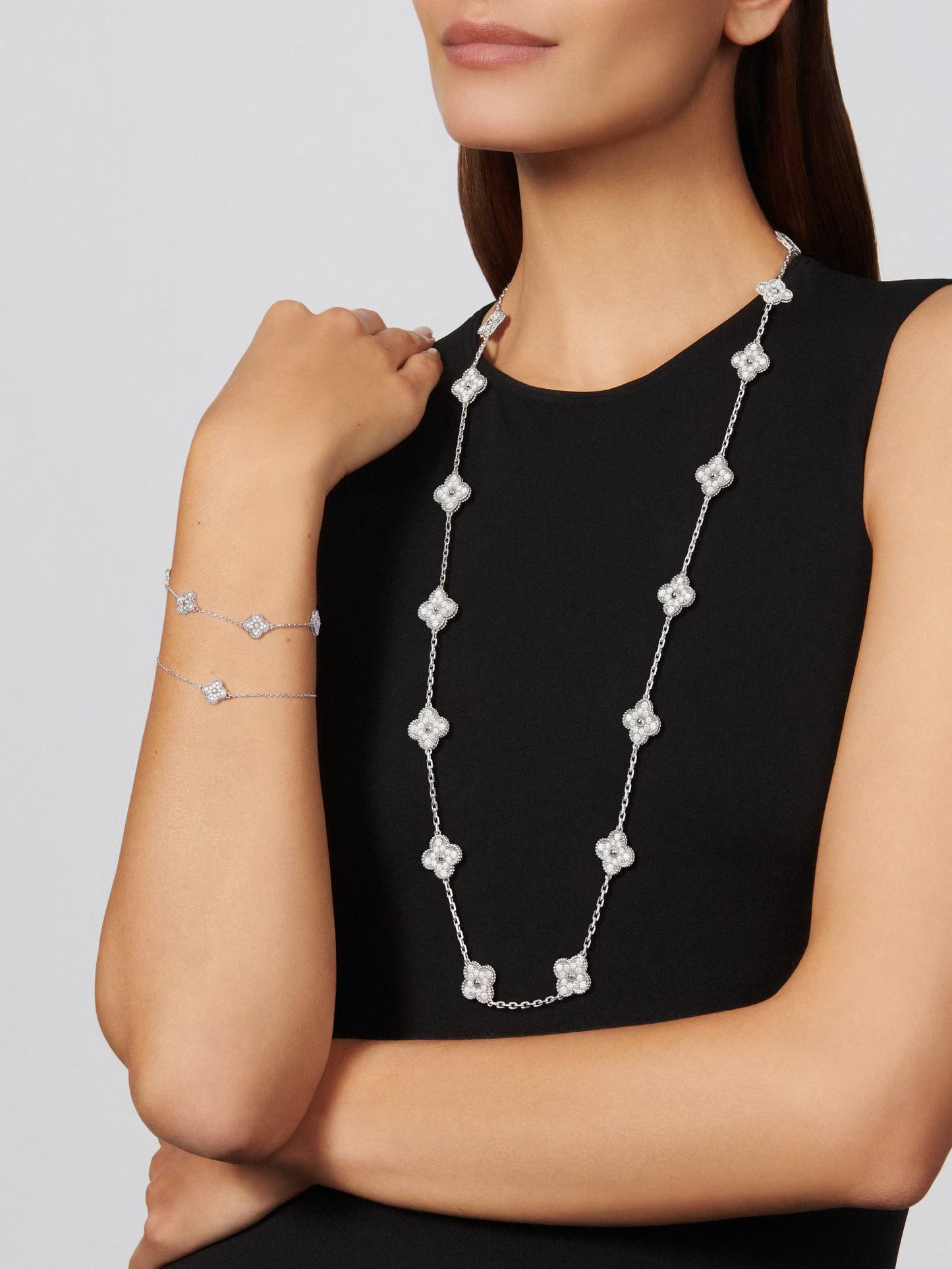 Vintage Alhambra long necklace, 20 motifs, rhodium plated 18K white gold, round diamonds