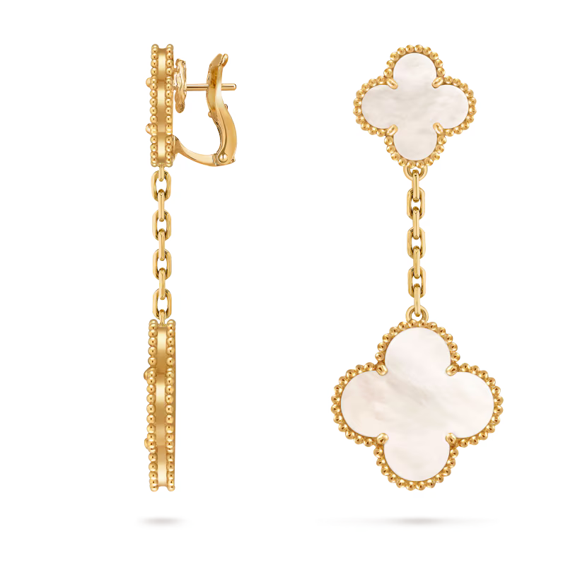Magic Alhambra earrings, 2 motifs, 18K yellow gold, white mother-of-pearl.