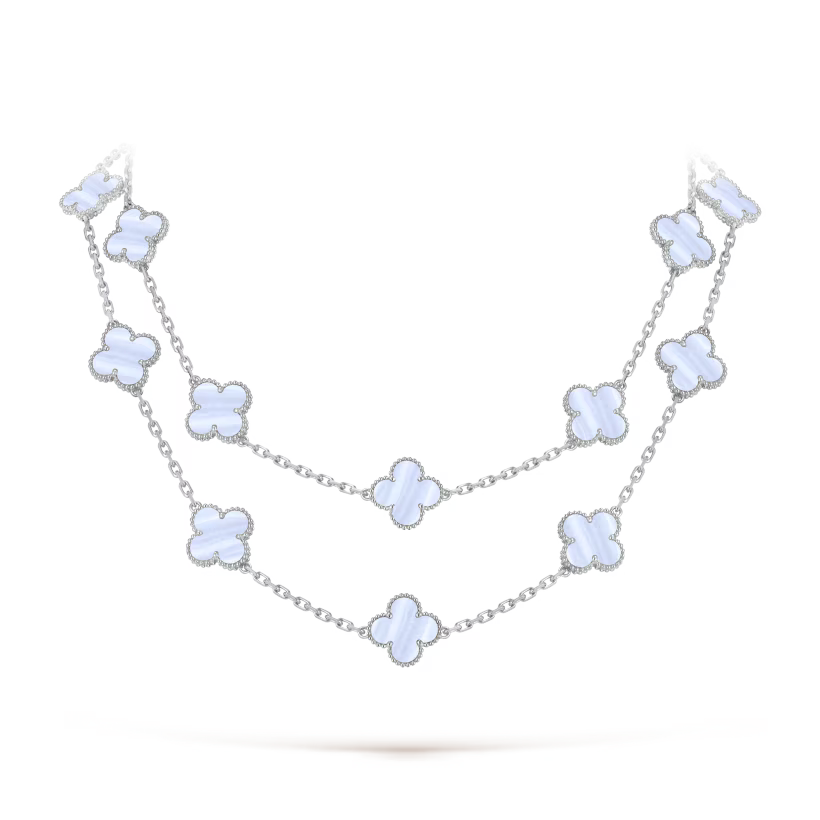 Vintage Alhambra long necklace, 20 motifs, rhodium plated 18K white gold, chalcedony.