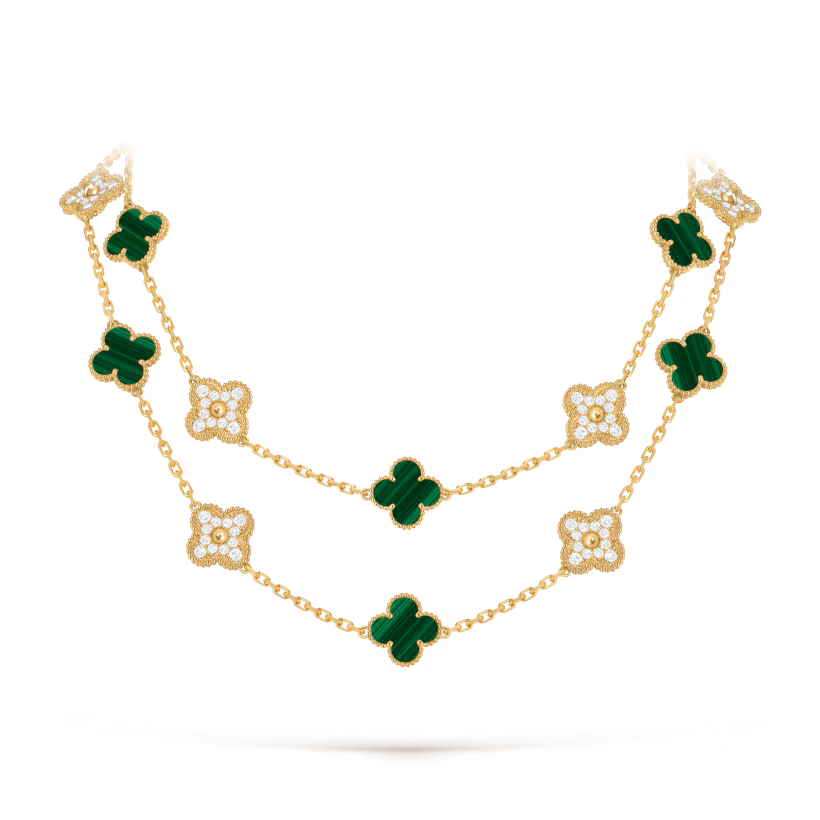 Vintage Alhambra long necklace, 20 motifs, 18K yellow gold, malachite, round diamonds
