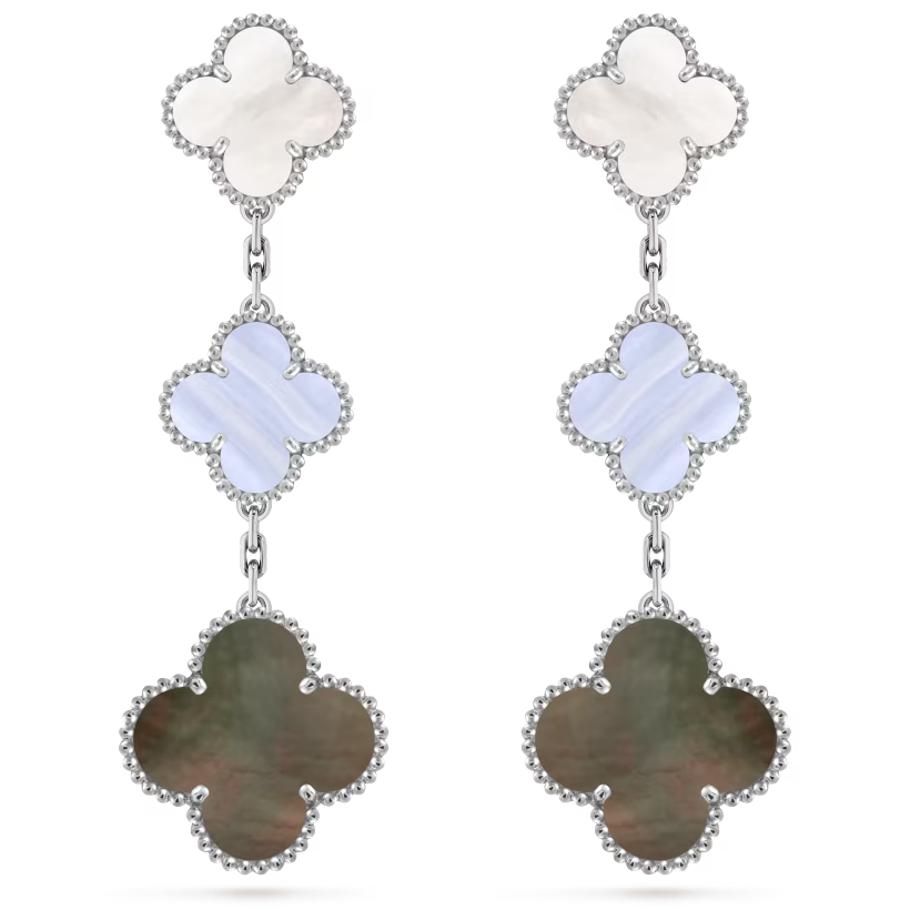 Magic Alhambra earrings, 3 motifs, rhodium plated 18K white gold, white and gray mother-of-pearl, chalcedony.