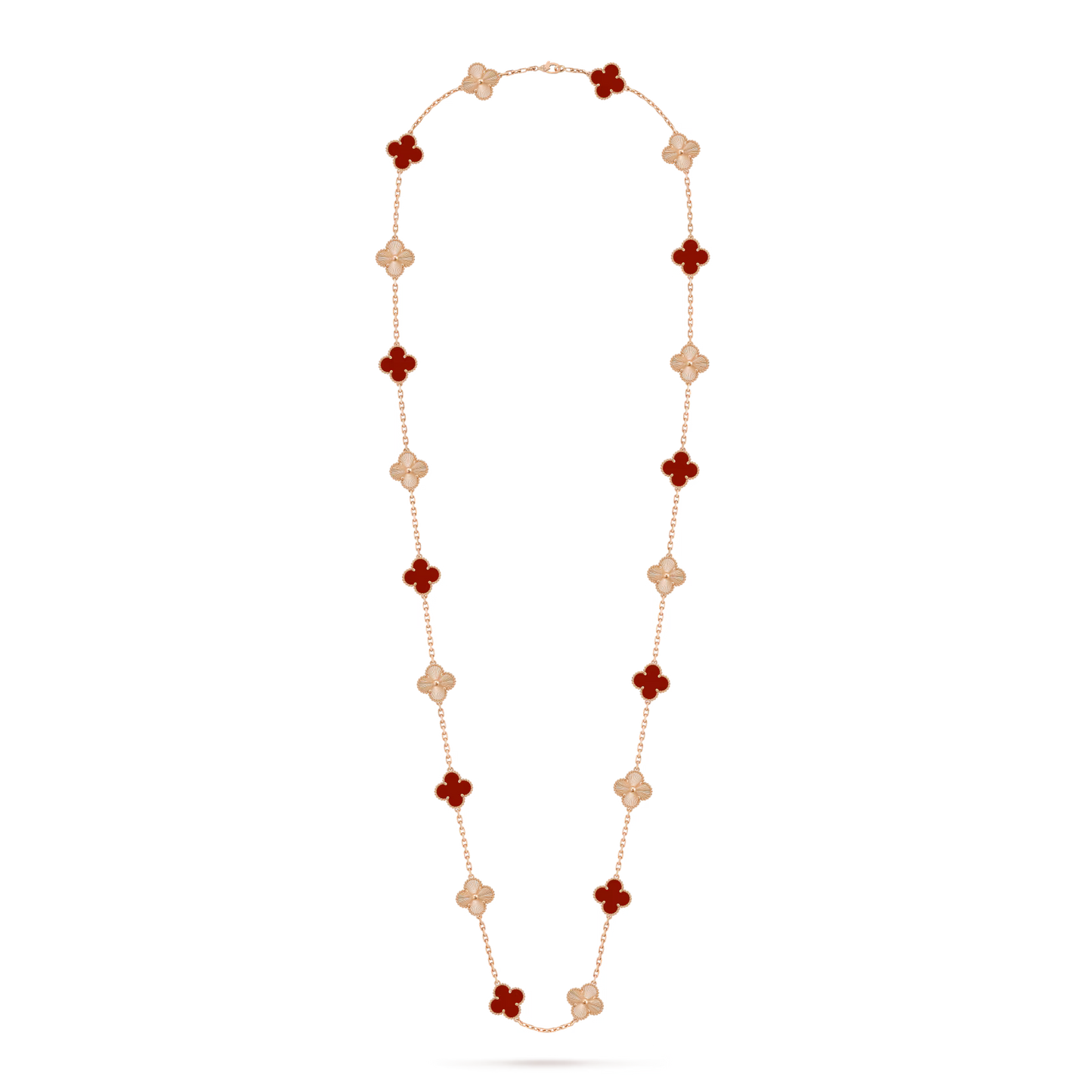 Vintage Alhambra long necklace, 20 motifs, guilloché 18K rose gold, carnelian.