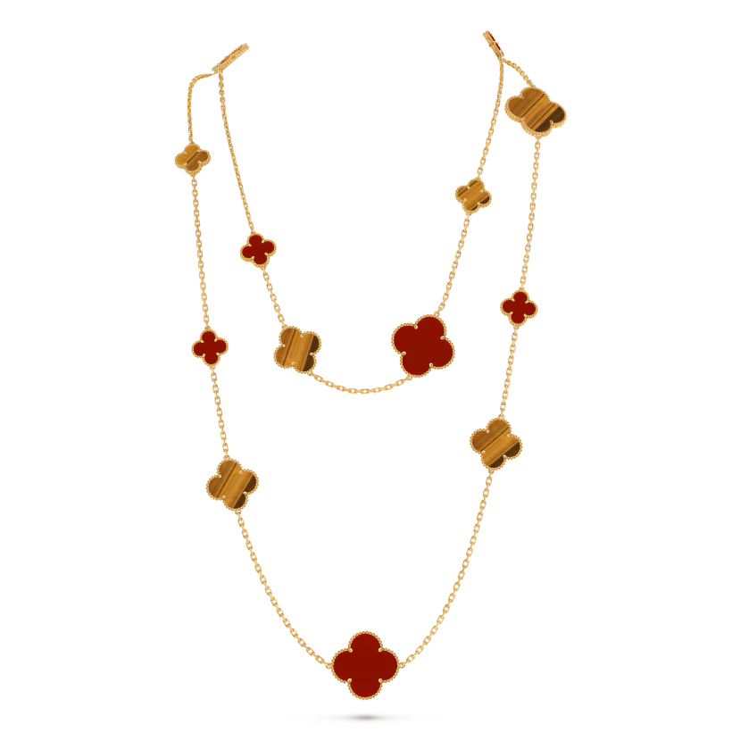 Magic Alhambra long necklace, 16 motifs, 18K yellow gold, carnelian, tiger’s eye.