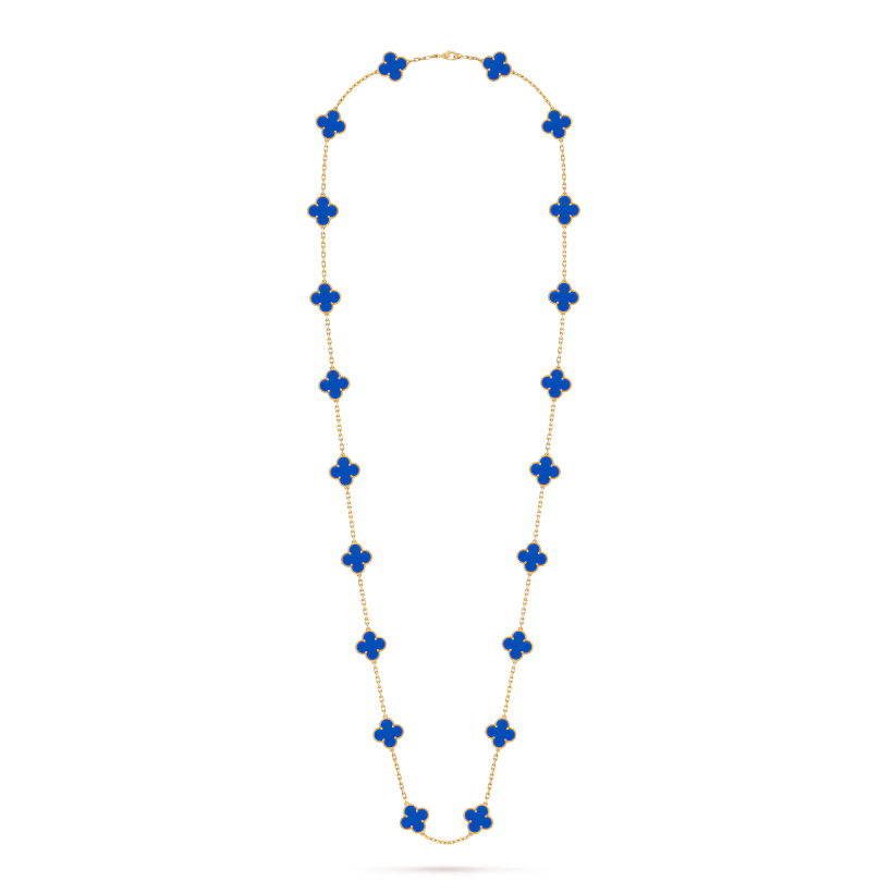 Vintage Alhambra long necklace, 20 motifs, 18K yellow gold, blue agate.