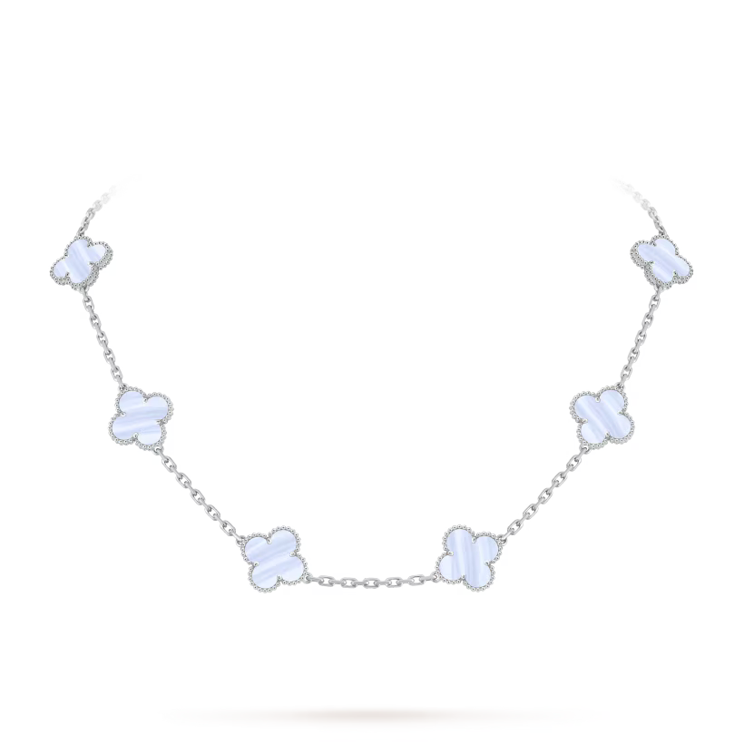 Vintage Alhambra necklace, 10 motifs, rhodium plated 18K white gold, chalcedony.