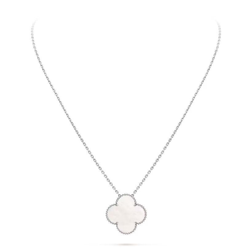 Magic Alhambra pendant, rhodium plated 18K white gold, white mother-of-pearl.