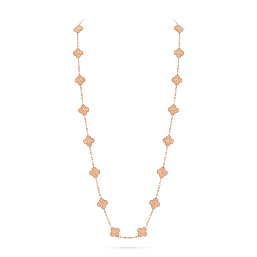 Vintage Alhambra long necklace, 20 motifs, textured 18K rose gold.