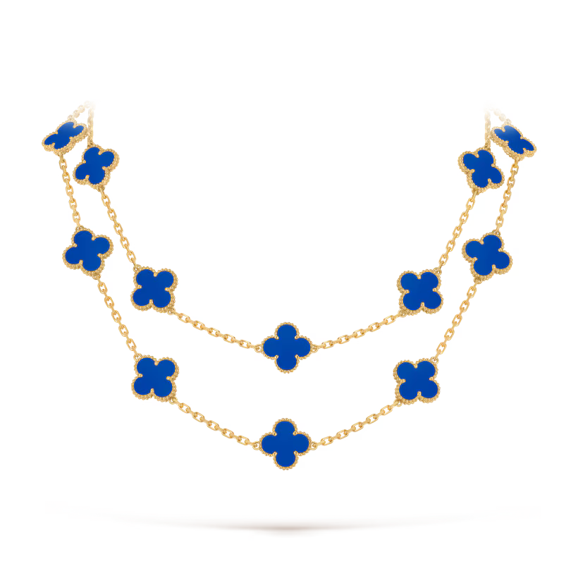 Vintage Alhambra long necklace, 20 motifs, 18K yellow gold, blue agate.