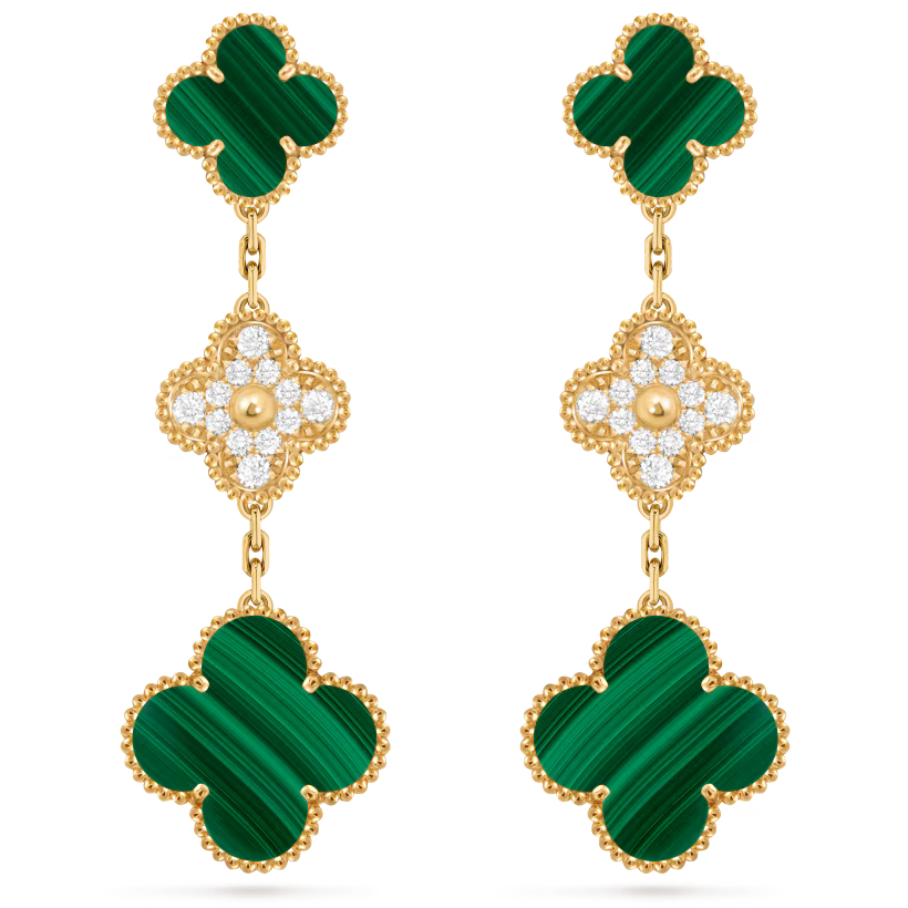 Magic Alhambra earrings, 3 motifs, 18K yellow gold, malachite, round diamonds
