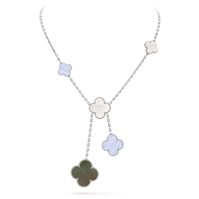 Magic Alhambra necklace, 6 motifs, rhodium plated 18K white gold, white and gray mother-of-pearl, chalcedony.
