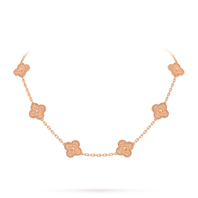 Vintage Alhambra necklace, 10 motifs, textured 18K rose gold.