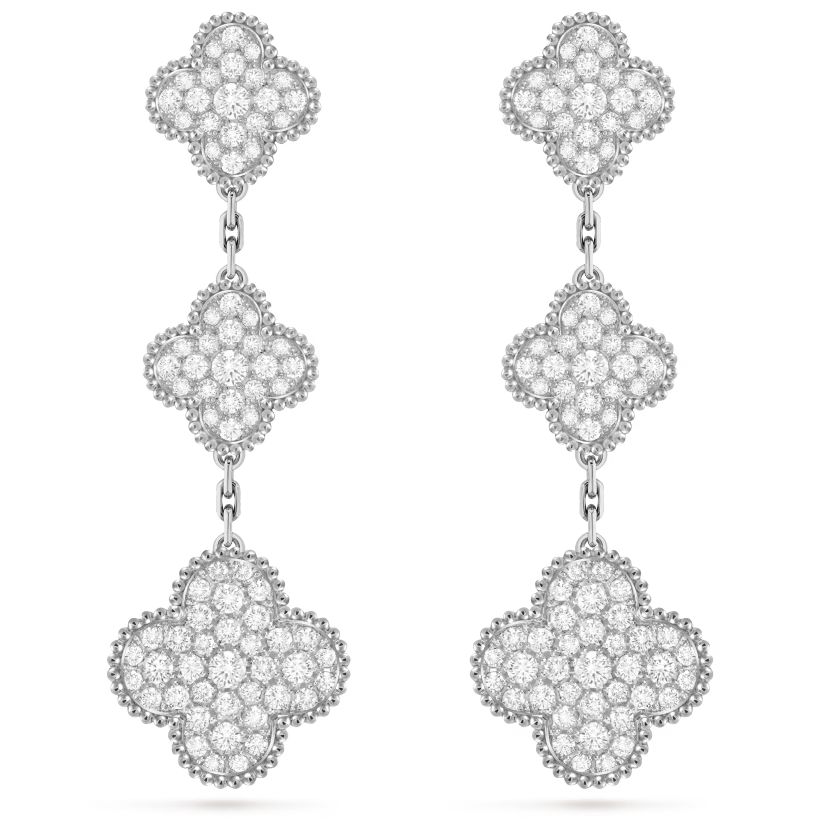 Magic Alhambra earrings, 3 motifs, rhodium plated 18K white gold, round diamonds