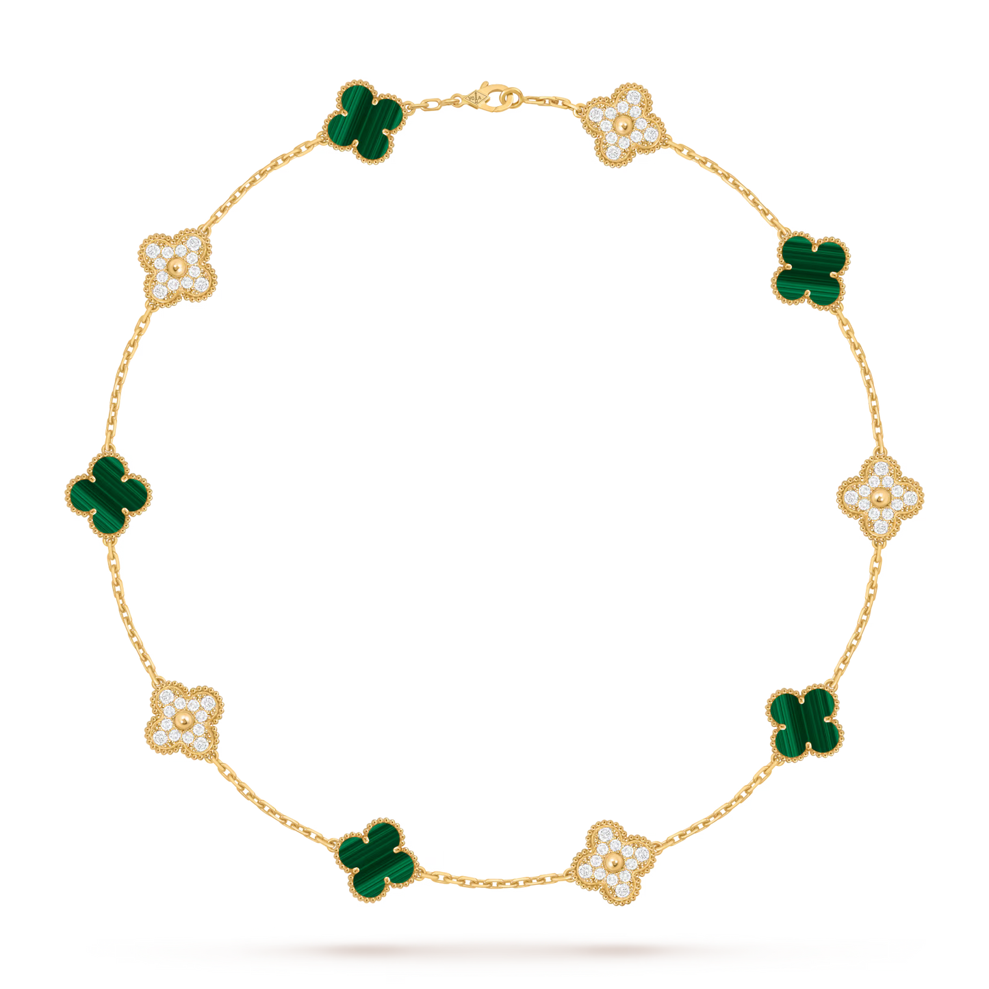 Vintage Alhambra necklace, 10 motifs, 18K yellow gold, malachite, round diamonds
