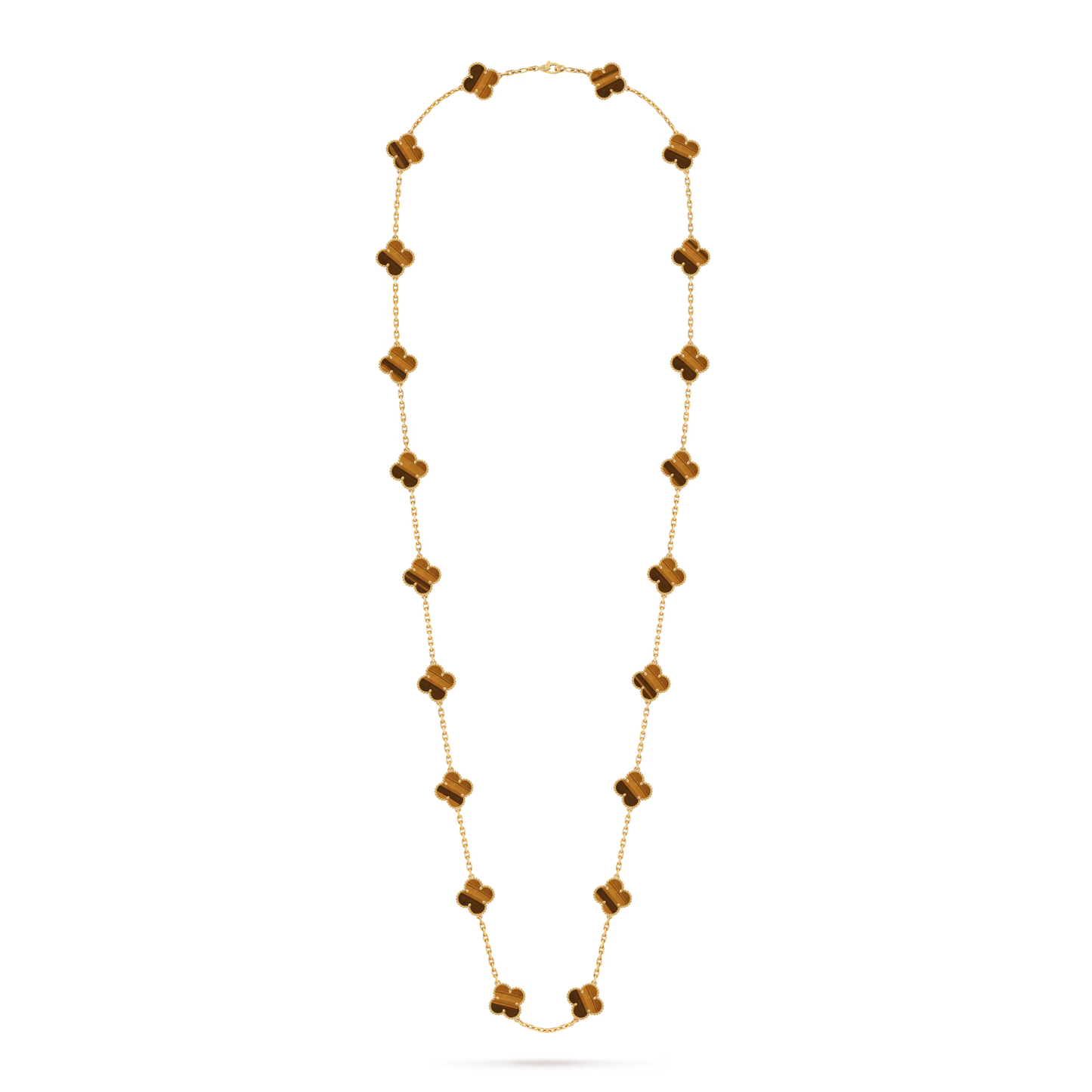 Vintage Alhambra long necklace, 20 motifs, 18K yellow gold, tiger’s eye.