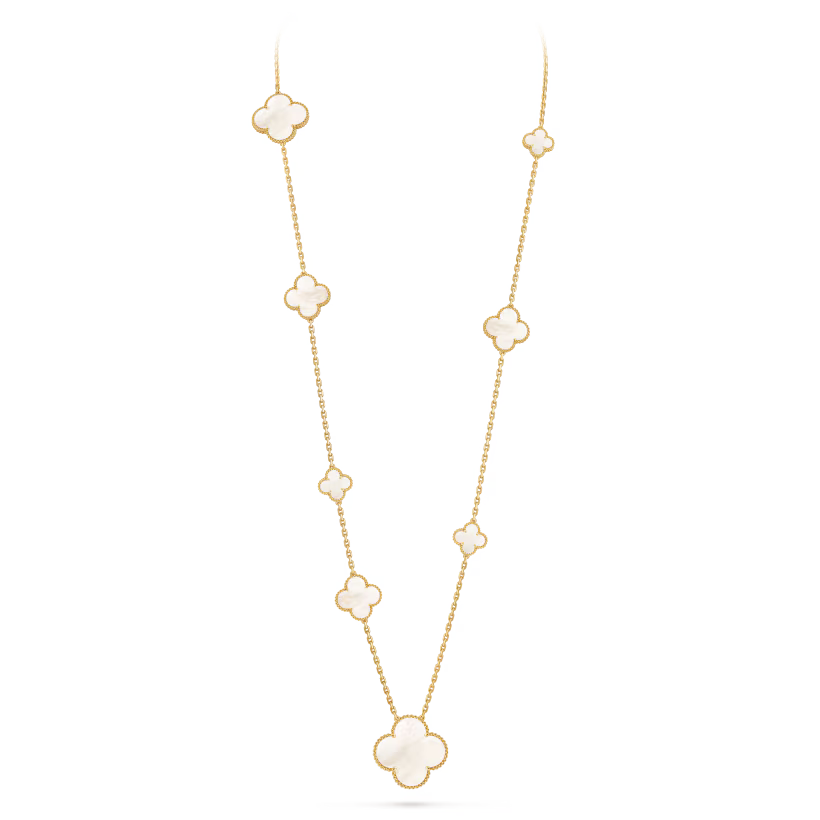 Magic Alhambra long necklace, 11 motifs, 18K yellow gold, white mother-of-pearl.
