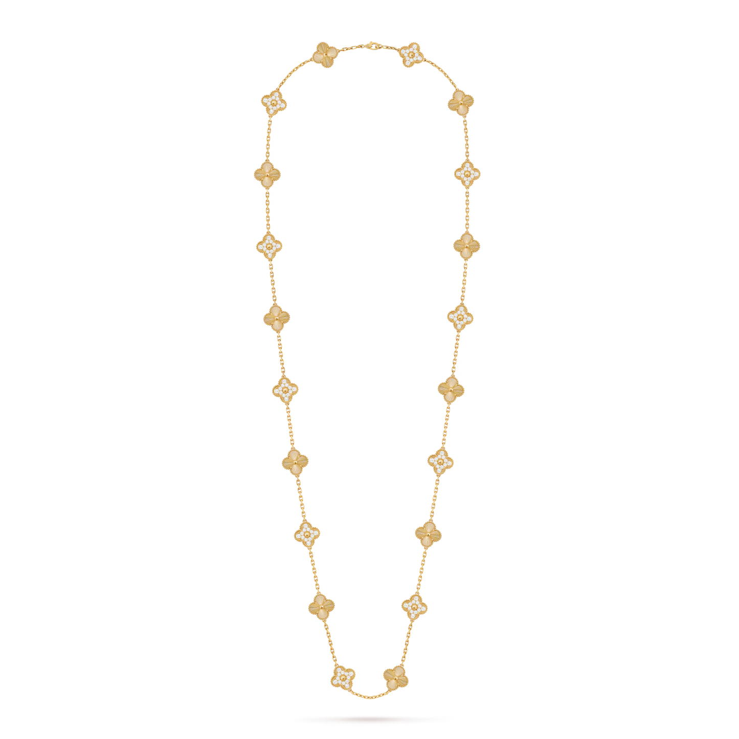 Vintage Alhambra long necklace, 20 motifs, guilloché 18K yellow gold, round diamonds