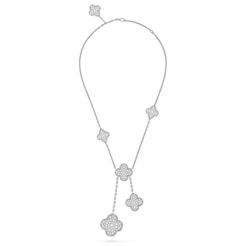 Magic Alhambra necklace, 6 motifs, rhodium plated 18K white gold, round diamonds