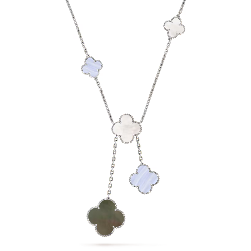 Magic Alhambra necklace, 6 motifs, rhodium plated 18K white gold, white and gray mother-of-pearl, chalcedony.